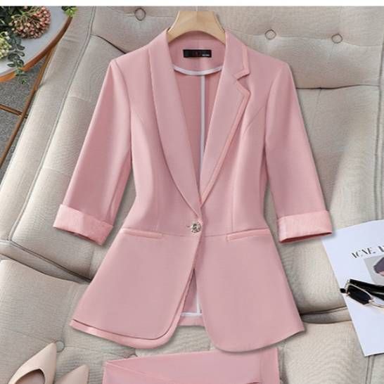 women's clothing women's suit sets profional blazer & pants outfit for office, interview, host | stretch polyester | black/white/pink_desvips.com
