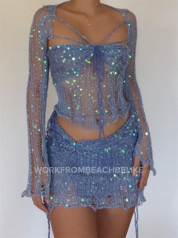 Women's Clothing fashion slim sexy long sleeved woolen short skirt exposed navel T shirt split short four piece set_desvips.com