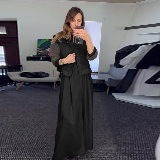 Women's Clothing solid color mesh splicing jacket casual wide leg trousers suit for women_desvips.com