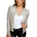Women's round neck long-sleeved solid color cardigan casual versatile sequined jacket_desvips.com