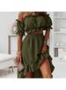 Women's Clothing new one-shoulder ruffle skirt suit casual irregular short-sleeved two-piece suit_desvips.com