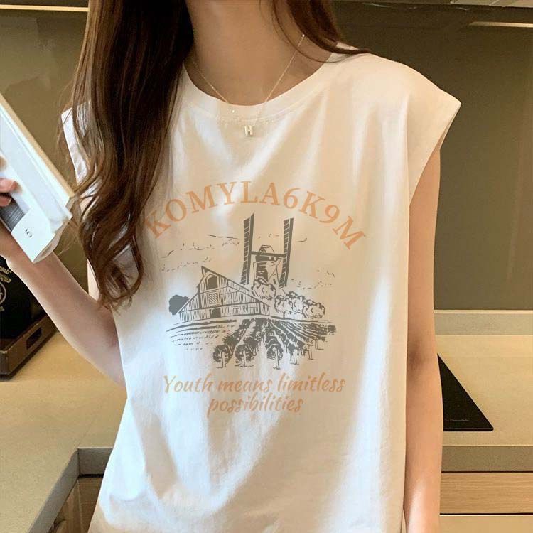 White Sports Vest For Women With Cartoon Print, Loose Design, Niche Sweet Cool Mid-Length Sleeveless T-Shirt Top Chic_desvips.com