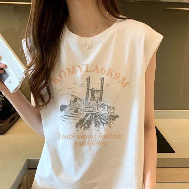White Sports Vest For Women With Cartoon Print, Loose Design, Niche Sweet Cool Mid-Length Sleeveless T-Shirt Top Chic_desvips.com