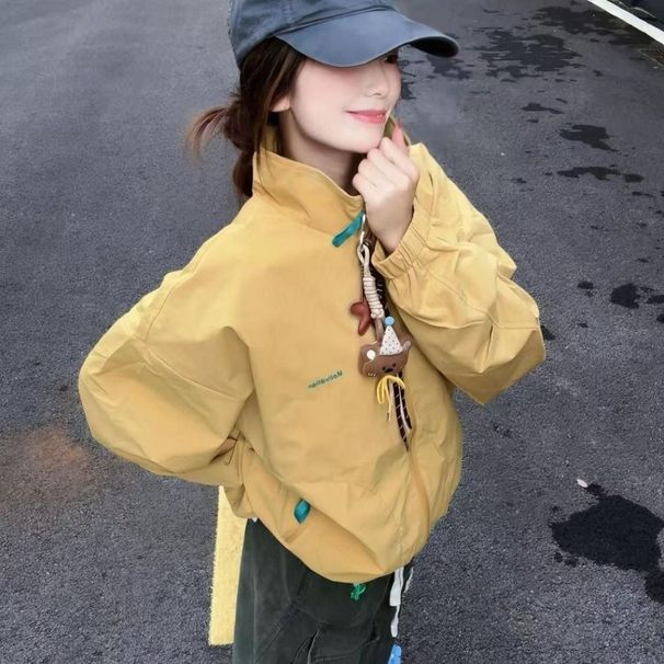 American Retro Yellow Stand-up Collar Women, 2026 Autumn New Korean Style Loose-fit Versatile Jacket For Students_desvips.com