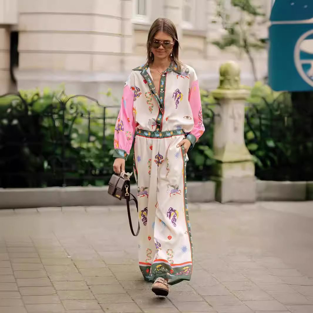 Women's clothing casual fashion all-match linen printed macaron long-sleeved suit_desvips.com
