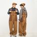Japanese Style Pure Cotton Suspender Retro Orange Brown Color Block Unisex Overalls Men And Women Couple Loose Straight_desvips.com