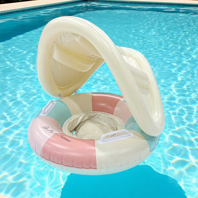 Kids Inflatable Swim Ring With Canopy & Handles - Thickened PVC For Ages 3-6 (Striped Design Sun Protection & Safety Pocket Outdoor Water Play)_desvips.com