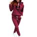 Autumn High Wait Sweathirt Fleece Korean Style Red Set Short Solid Color Urban Caual Long Sleeve Cotton Wide Leg_desvips.com