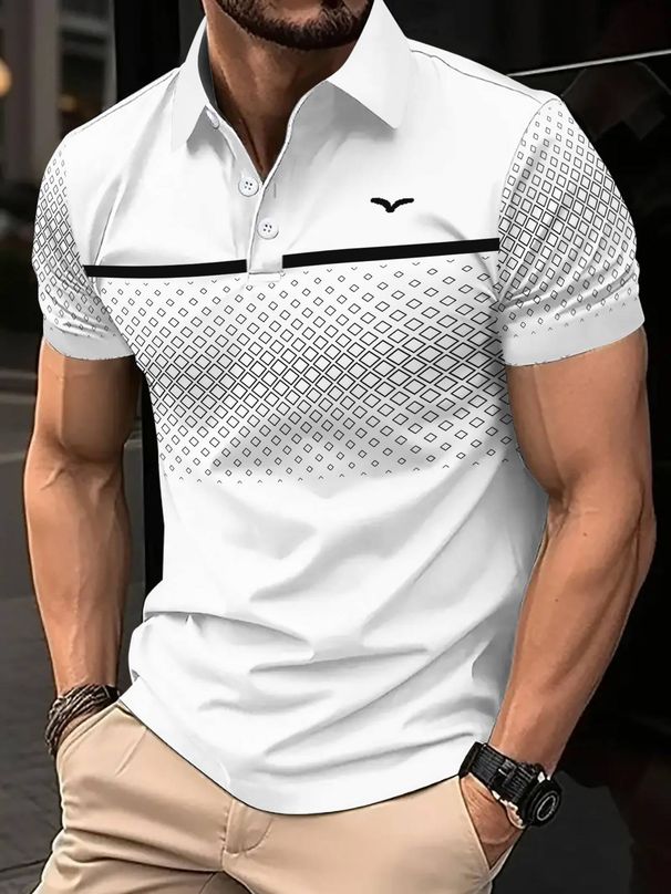 Summer Men's Slim-fit Printed Lapel Short-sleeved Shirt With LOGOPolo_desvips.com