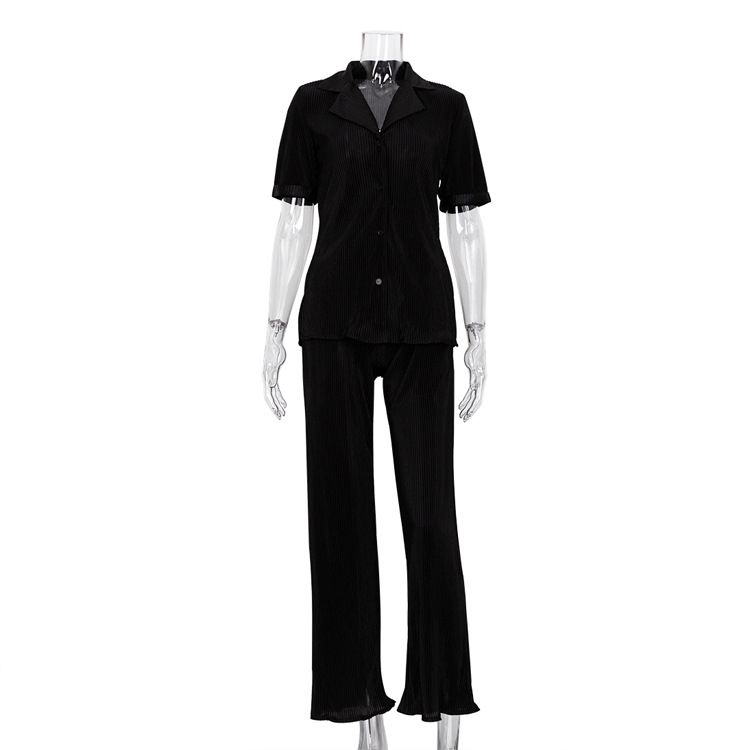 Women's Clothing Short-sleeved Shirt Elegant Pleated High Waist Wide-leg Pants Set_desvips.com