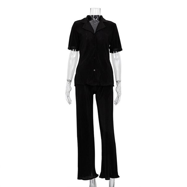 Women's Clothing Short-sleeved Shirt Elegant Pleated High Waist Wide-leg Pants Set_desvips.com