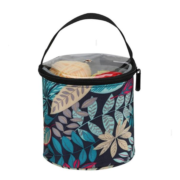 Blue Printed Yarn Storage Bucket Bag 600D Oxford Fabric Round Knitting Organizer With Leaf Pattern Handmade Crochet Tote For Craft Supplies_desvips.com