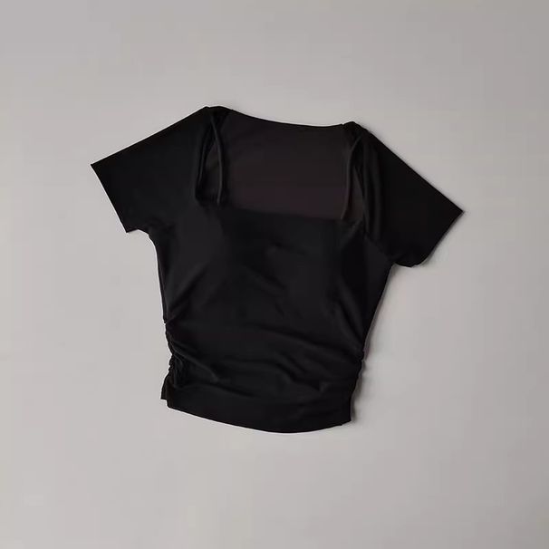 Women's Short-sleeved T-shirt, Fixed Chest Cushion Mesh Fake Two-piece Yoga Training Fitness Top_desvips.com