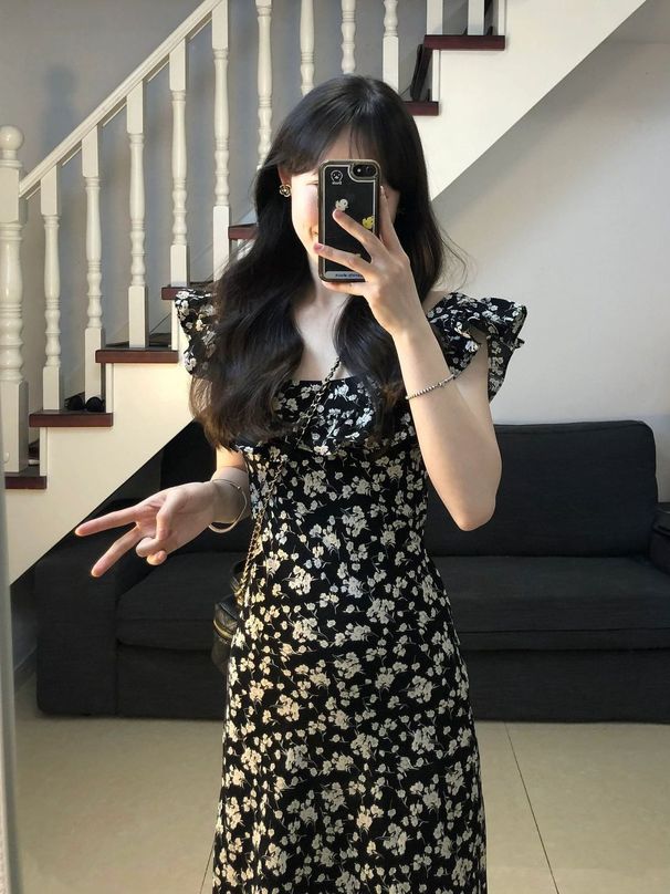 Tea Break French Hepburn Style Black Floral For Women, Summer 2026 New Model, Elegant Waist-cinching Long Dress With_desvips.com