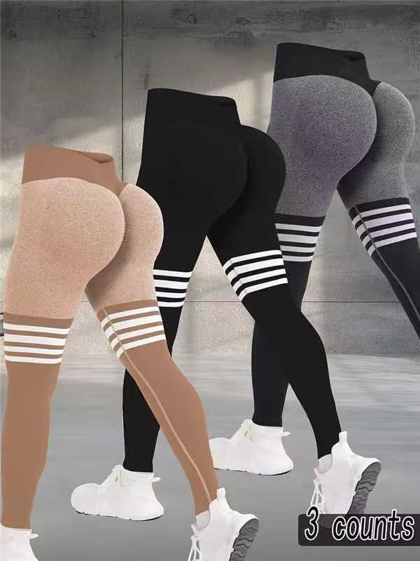 Women's High-Waisted Striped Sports Leggings Quick Drying Fitness Yoga Wear European American Style Outdoor Running Pants_desvips.com