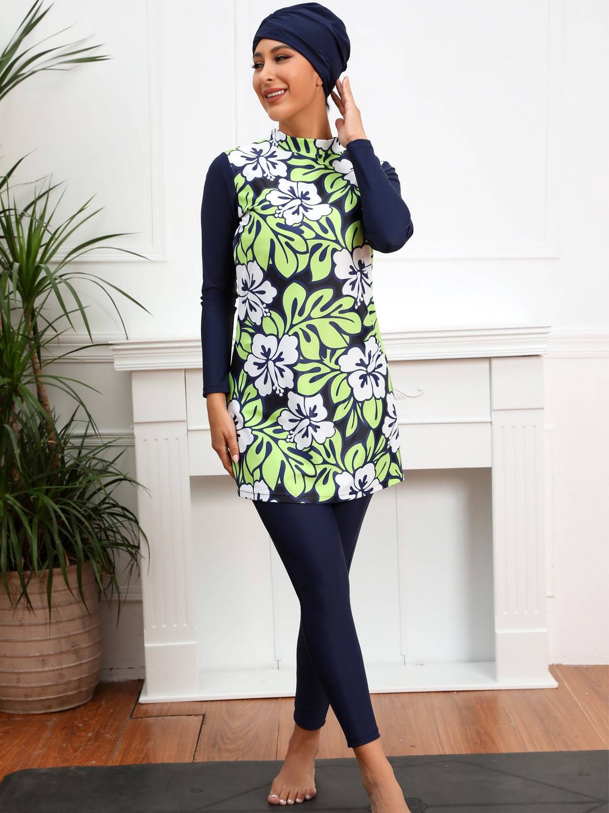 Muslim Swimsuit Long Sleeve Trousers Three Piece Conservative Sunscreen Burkini With Chest Pad_desvips.com