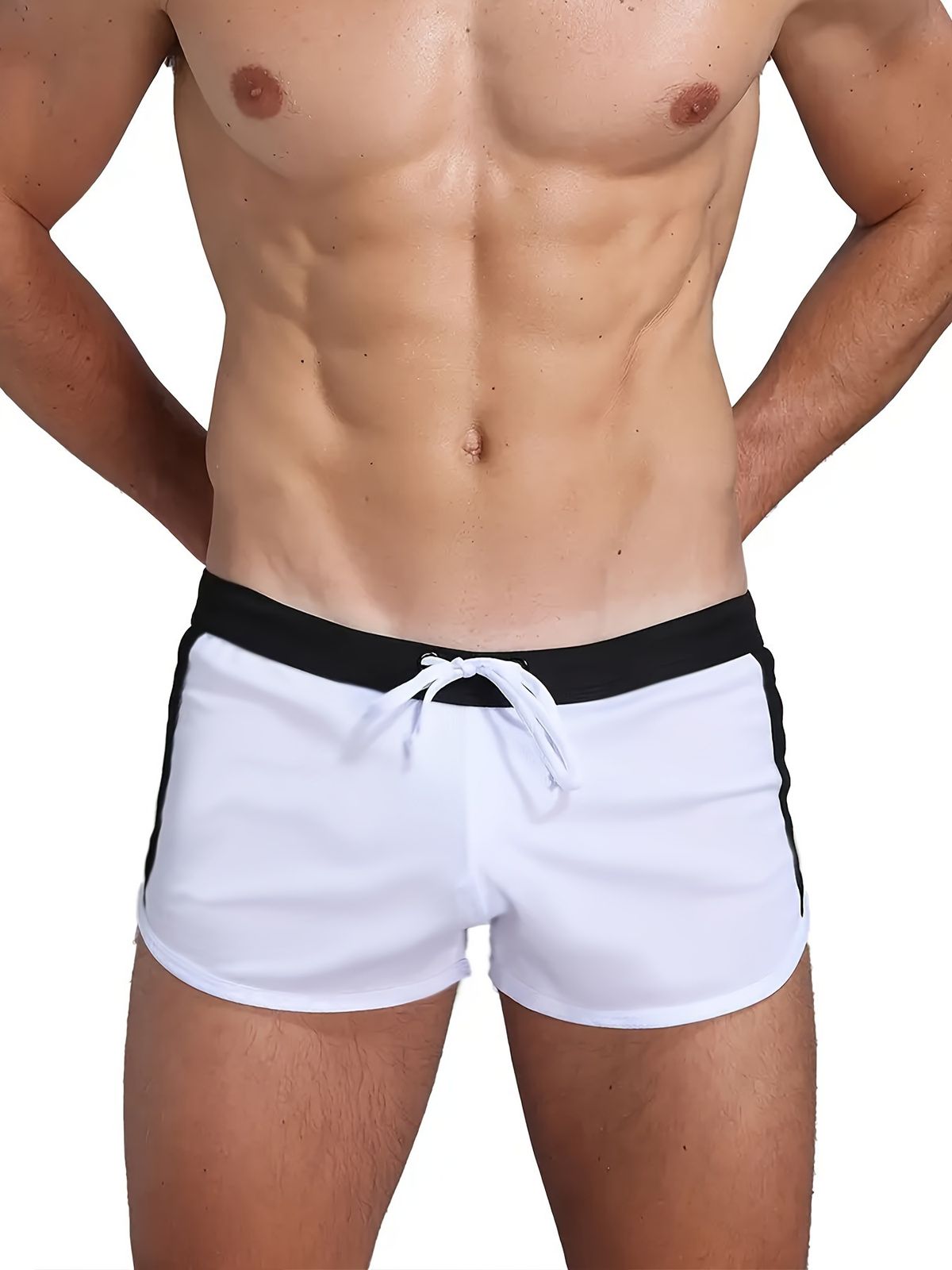Men's Low-Rise Swim Trunks - Contrast Color Design & Adjustable Drawstring (Quick-Dry & UPF 50+) - Beach & Pool Wear_desvips.com