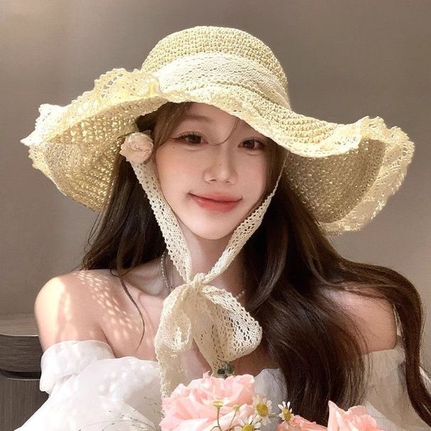 Summer Sun For Women 2025 New Style Beach Vacation Wide Brim Fisherman Sunshade Ribbon Straw Hat_desvips.com