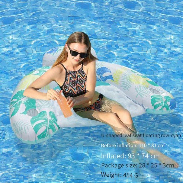 Leaf Print Inflatable Pool Seat - Thickened PVC U-Shaped Floating Lounger With Backrest & Cup Holder Single Person Water Hammock_desvips.com