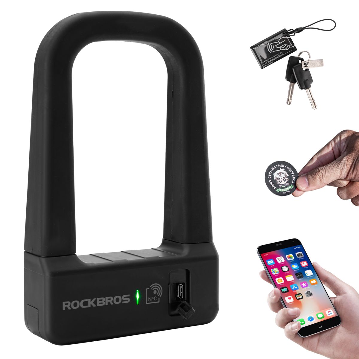 ROCKBROS Bike Lock U-Lock NFC Smart Lock Motorcycle Lock Shackle Lock_desvips.com