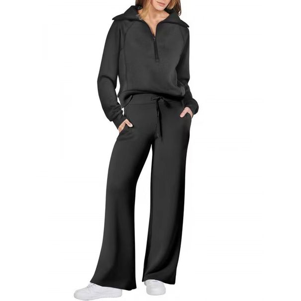 2024 Autumn Winter Fashion Casual Sports Suit Zipper Long Sleeve Sweatshirt Wide Leg Pants Two-Piece Set For Women_desvips.com