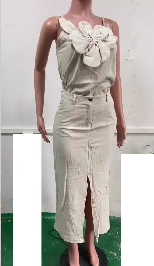 women's clothing retro washed distred halter neck svel lapel raw edge denim top slit slim skirt two piece set_desvips.com