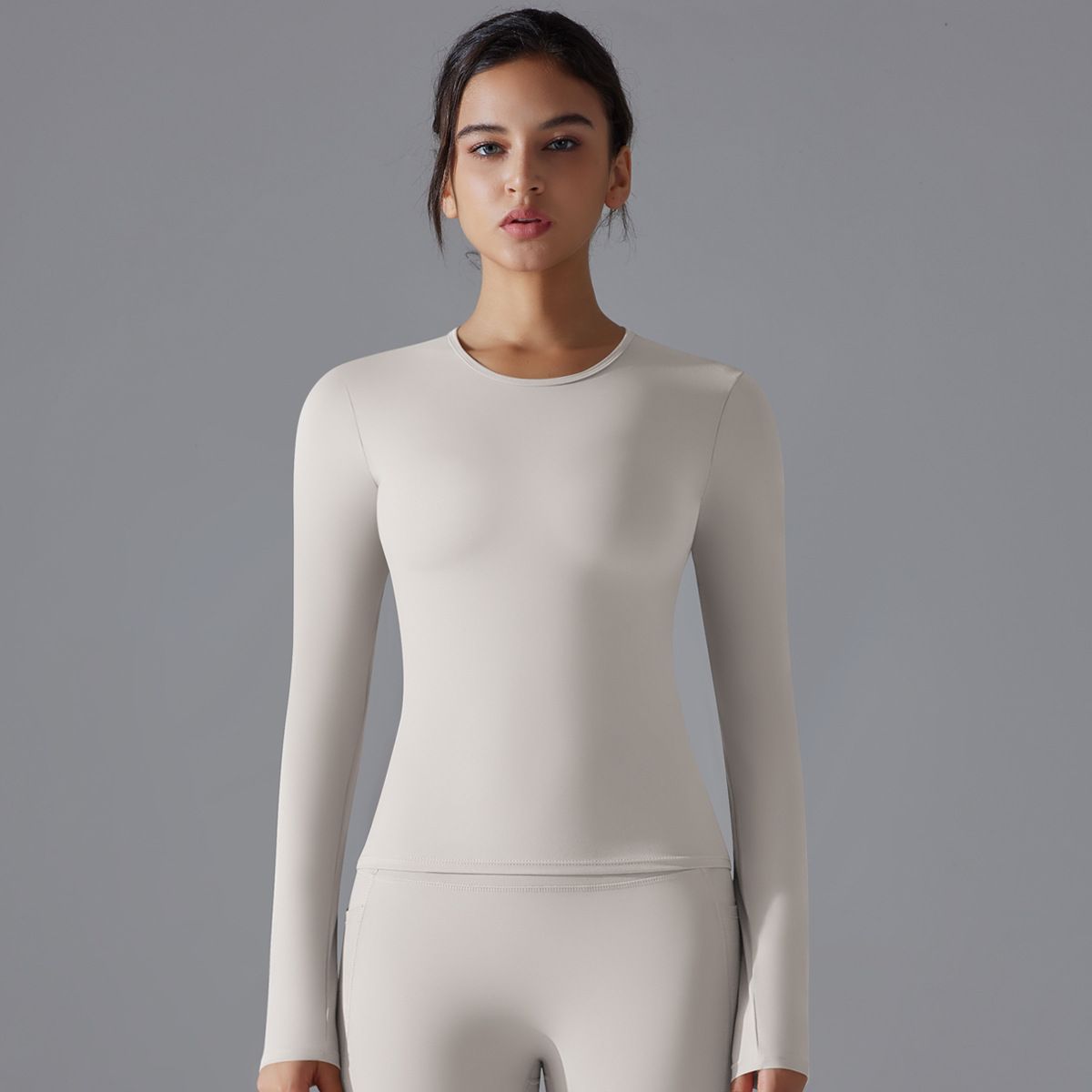 New Double-Sided Brushed Solid Color Yoga Shirt Long Sleeve High Elastic Breathable Sports Running Fitness Casual_desvips.com