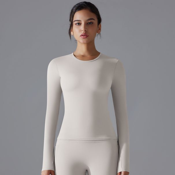 New Double-Sided Brushed Solid Color Yoga Shirt Long Sleeve High Elastic Breathable Sports Running Fitness Casual_desvips.com