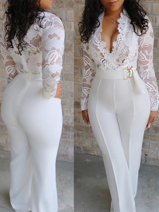 Women's sexy deep v white see-through lace splicing jumpsuit _desvips.com