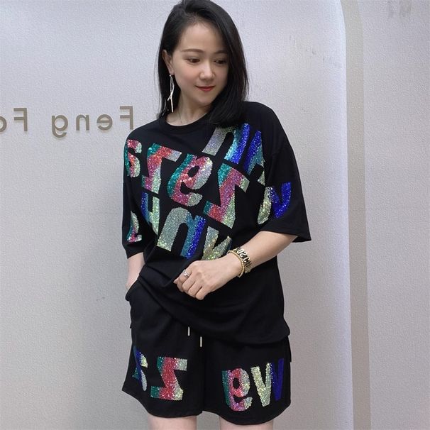 150kg Plus Size Women's Clothing Summer Rhinestone Short Sleeve T-Shirt Shorts Casual Set Fashion Sports Suit For Women_desvips.com