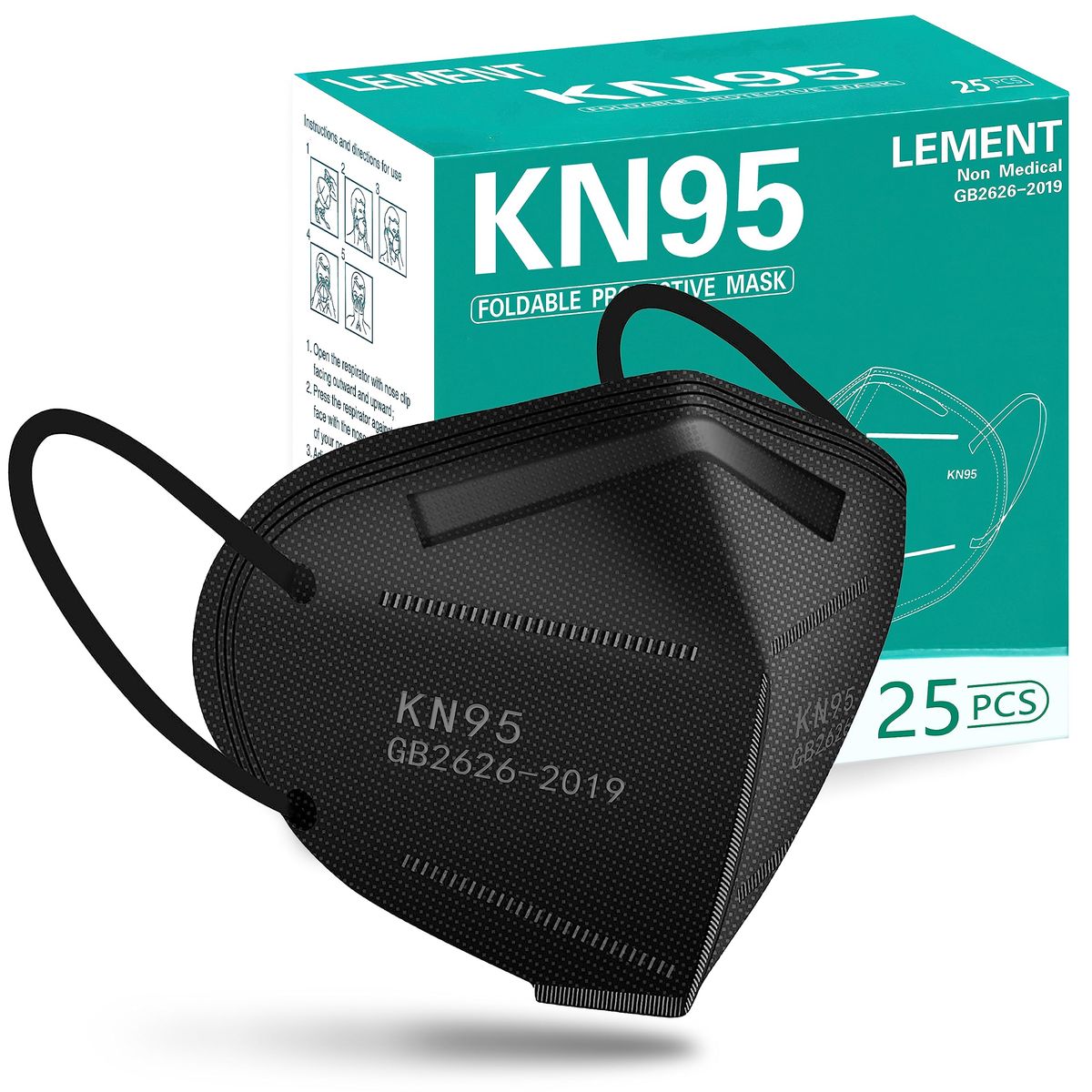 LEMENT 50-Piece KN95 Black Face Mask With 5-Layer Filter And ≥95% Cup Dust Safety Protection_desvips.com