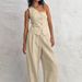 Women's Commuter Fashion Khaki Off-shoulder Cotton and Linen Vest Trousers Two-piece Set _desvips.com