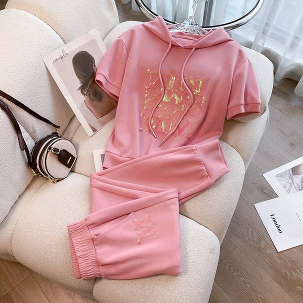 Women's Clothing Pink sports suit for women summer 2023 new high-end fashion versatile loose short-sleeved two-piece suit_desvips.com