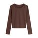 Straight Shoulder Crew Neck Slim Long-sleeved T-shirt Women's 2025 Autumn New Pinched Waist Short Slimming Women's Top Base Shirt_desvips.com
