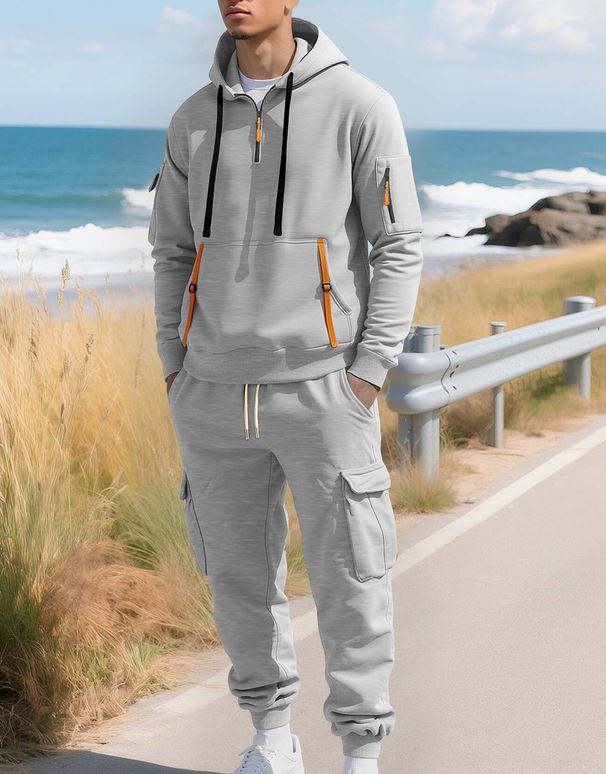 Men's Fleece Hooded Zip-Up Jacket & Cargo Pants Set - Streetwear Casual Outfit For Fall Winter, Multi-Pocket Utility Style (Khaki, Navy)_desvips.com