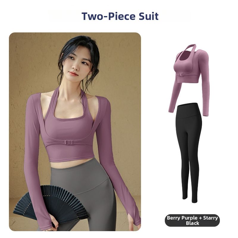 Spring Quick Drying Sports Suit Long Sleeved Tank Top With Supportive Bra Pads Faux Two Piece Fitness Outfit Yoga Wear For Running_desvips.com