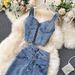 Women's fashion halter tank top high waisted denim skirt_desvips.com