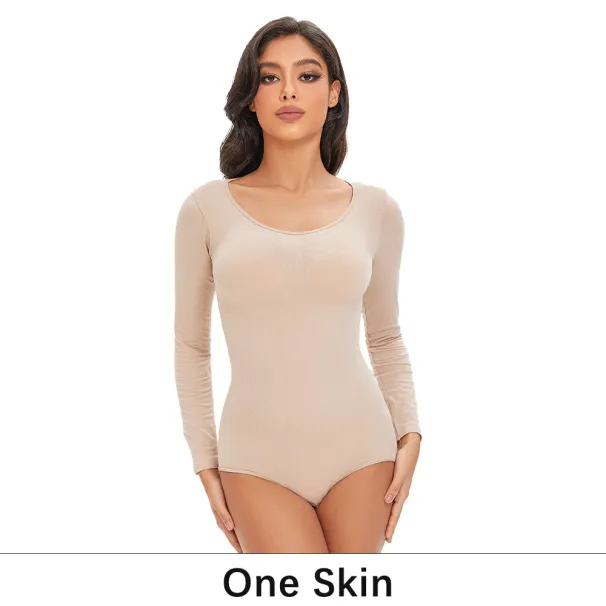 POKARLA Spandex Elastic Suit Shapewear Women Body Shaper Tummy Control Long Sleeve Open Crotch Round Neck Seamless_desvips.com