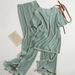 Women's Clothing new style temperament round neck T shirt top high waist split wide leg pants two piece suit_desvips.com