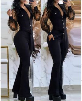 Women's Clothing elegant mesh sleeves V neck button pockets high waist lace up solid color slim jumpsuit_desvips.com