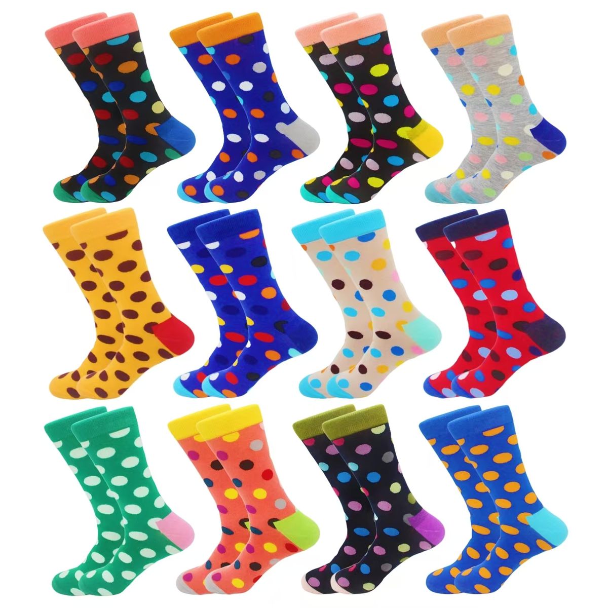 12 Pairs Of Spring And Autumn Dopamine Colorful Polka Dot Mid-calf Socks_desvips.com