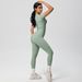 Nude Feel Quick Drying Short Sleeved Yoga Outfit Set High Waisted Hip Lifting Tight Fitting Sportswear for Outdoor Training And Running_desvips.com