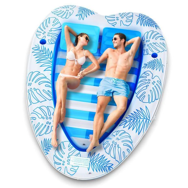 Inflatable Heart-Shaped Pool Float 2 Person Sun Lounger With Canopy For Outdoor Swimming Pools_desvips.com