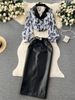 Women's Clothing collar floral chiffon shirt high waist tight PU leather skirt female high end outfit two piece suit_desvips.com