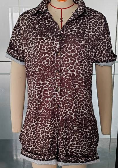New Women's print holiday style lapel design shirt shorts suit women_desvips.com