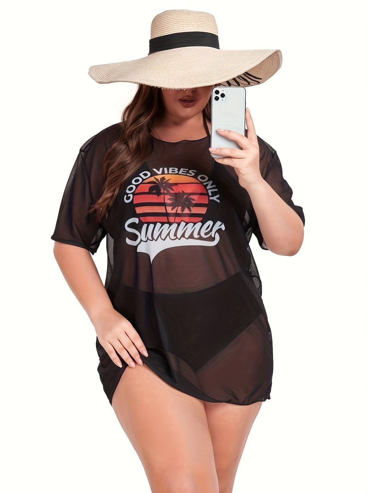 Women's Plus Size Halter Bikini Three-piece Swimsuit With Mesh Drawstring Smock_desvips.com