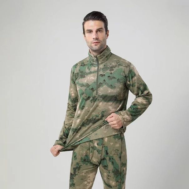 Men's Camo Fleece Thermal Underwear Set - Winter Warm Base Layer For Outdoor Sports & Training (Black, Green, Camo)_desvips.com
