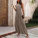Women's clothing elastic waist high collar halter neck sleeveless floral wide-leg casual pants jumpsuit_desvips.com