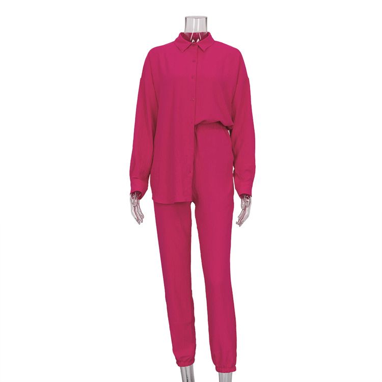 Women's Clothing new casual suit solid color lapel long-sleeved shirt top harem pants two-piece suit_desvips.com