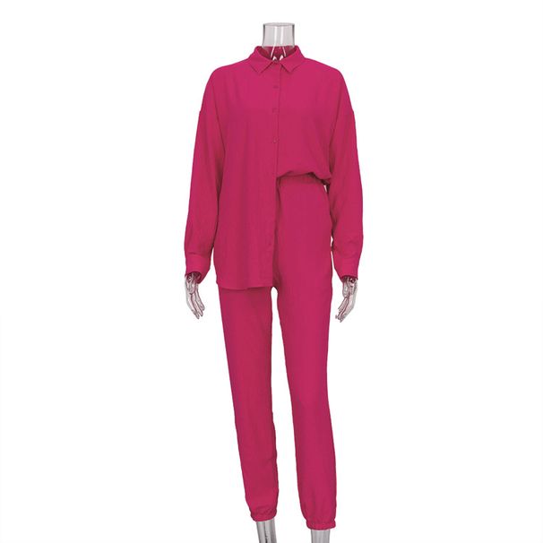 Women's Clothing new casual suit solid color lapel long-sleeved shirt top harem pants two-piece suit_desvips.com